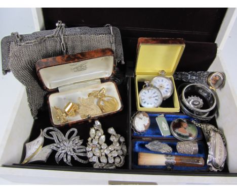 Two continental enamel faced fob watches stamped 935, brooches, mesh purse and miscellanea in jewellery box