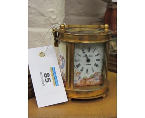 Oval miniature brass hand painted enamel carriage clock 11cm