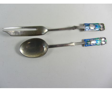 Archibald Knox for Liberty & Co hallmarked silver and enamel hors d'oeuvres fork and preserve spoon Birmingham 1926 and '28