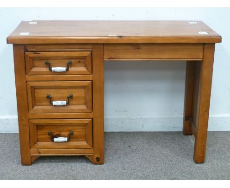 Pine single pedestal dressing table with 'Delft' tile top and handles, W110cm