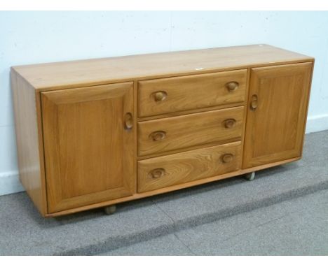 Ercol vintage retro light elm sideboard fitted with three drawers and two cupboards, W153cm x D46cm x H58cm