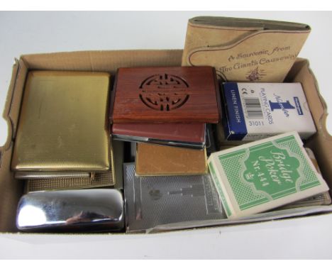 Lighters, note pads, playing cards, postcards etc in one box