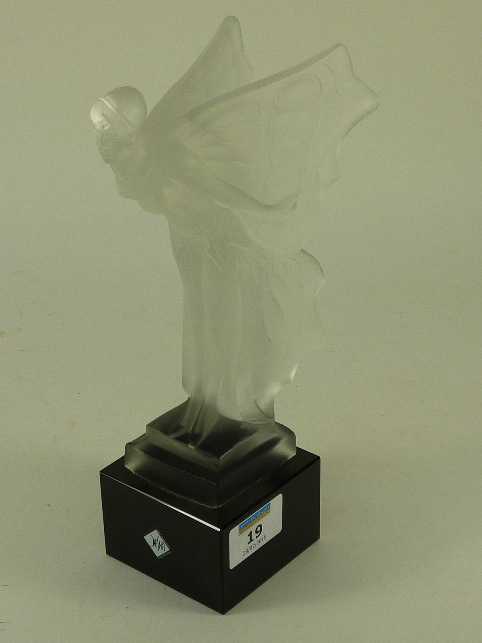 Desna frosted crystal 'Spirit of Ecstasy' figurine on black glass base 24cm