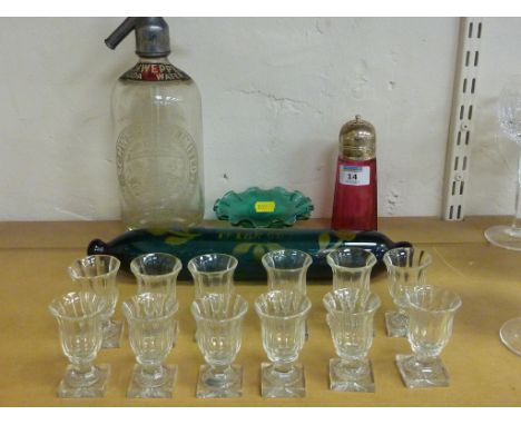 Victorian green glass rolling pin, cranberry sugar sifter, set of 12 19th century cut crystal shot glasses, small pedestal bo