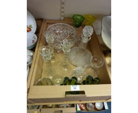 Cut crystal bowl, glass decanter, candlesticks and other items of glassware in one box 