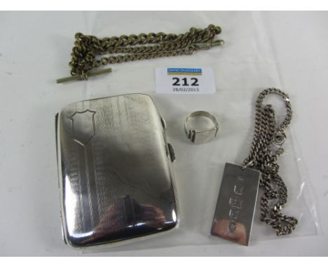 Hallmarked silver cigarette case, 1oz silver ingot necklace, ring total approx 3.5oz and a nickel watch chain by Miller's of 