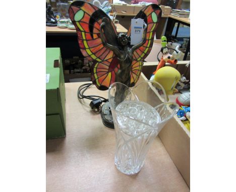 Tiffany style table lamp in the form of a female with butterfly wings and a glass vase 