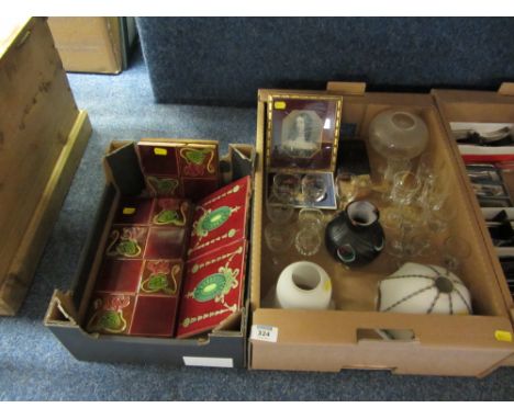 Set of six Art Nouveau pattern ceramic tiles and another pair, John Ditchfield glass vase, assorted lamp shades and glasses e