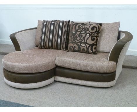 Modern corner sofa (L218cm) and matching armchair in faux brown leather and beige chenille cover (corner can be either side)