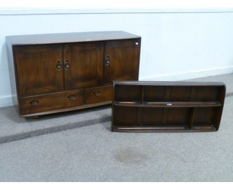 Ercol vintage retro medium elm sideboard fitted with three cupboards and two drawers (L130cm), with matching plate rack