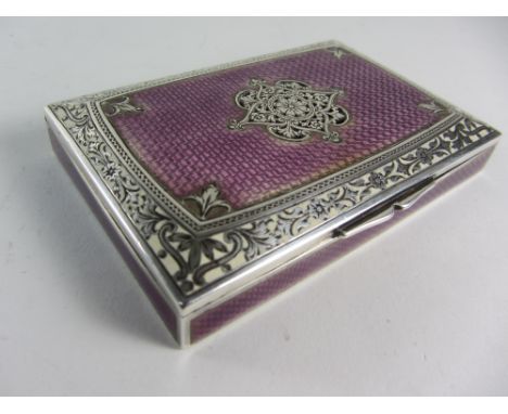 French fine silver and overall guilloche enamel hinged box with open fretwork panel, gilded interior, stamped with Minerva's 