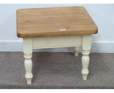 Square pine lamp table with painted base and waxed top, 60cm x 60cm