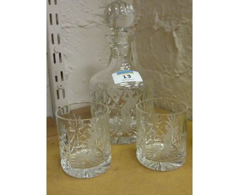 Cut crystal decanter with etched golfer decoration and two matching glasses