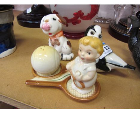 Goebel tennis condiment set, a bird ornament and one other (3)