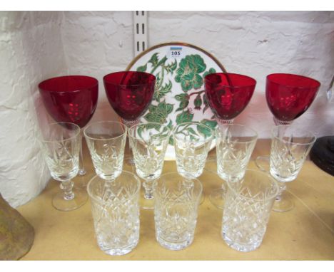 Set of four wine glasses with ruby bowls, two other sets of glasses and a hand painted plate 