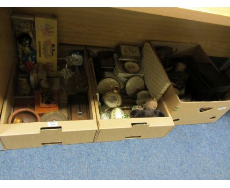 Binoculars, Pelham puppet, Art Deco period bookends and other items in three boxes 