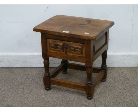 Hardwood rustic lamp table with drawer, W44cm