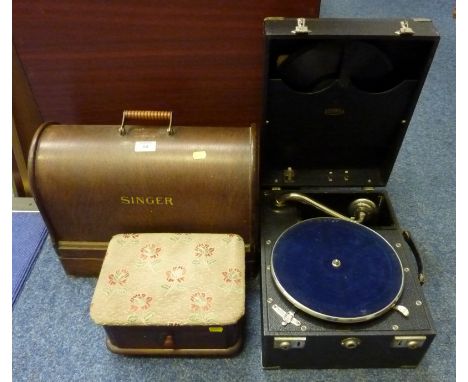Singer sewing machine, sewing box and a Lissenola record player 