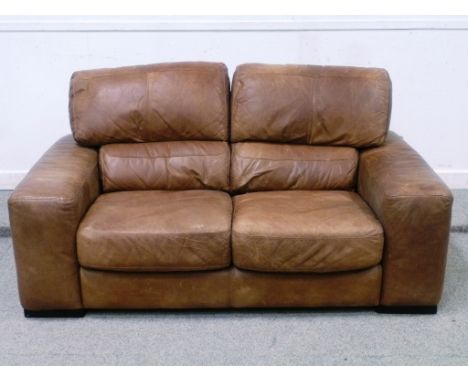 Two seater sofa in waxed brown leather, W175cm