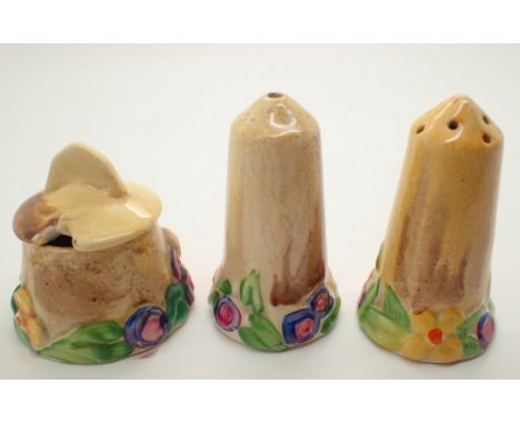 Three piece Clarice Cliff cruet set in the My Garden pattern