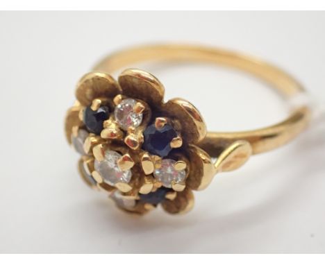 18ct gold flower ring set with diamonds and sapphires custom made by David Robinson of Liverpool in the 1960s size L 4.33g