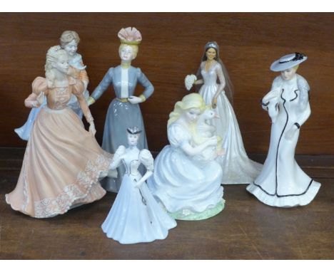 Seven china figures including Coalport, Wedgwood and Royal Worcester, two with damaged fingers 