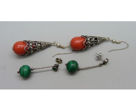 Two pairs of silver earrings, coral and malachite set 