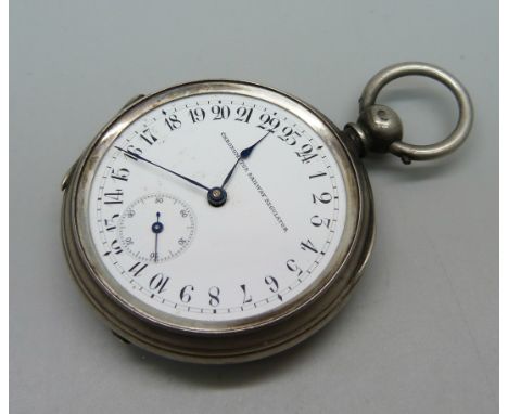 A silver cased Chronometer Railway Regulator pocket watch with 24 hour dial, lacking glass 