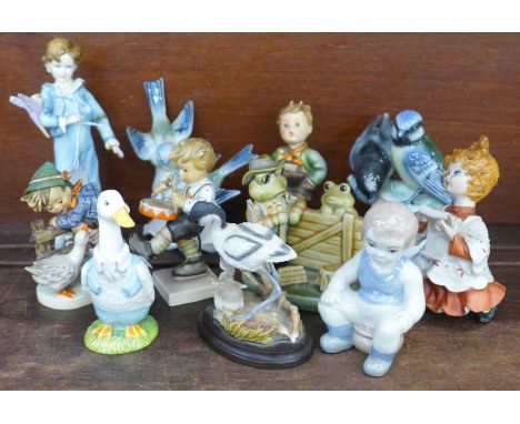 A collection of figures including Hummel, Beswick Mr Drake Puddle-Duck, Royal Worcester parakeet, a/f, etc. 