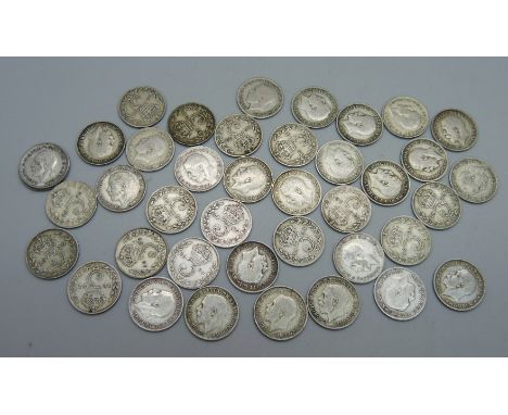Forty silver 3d coins, 1920's, 55g 