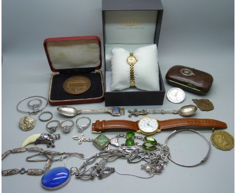 Assorted medallions, purse, a/f, spoons, jewellery  including silver and a lady's Rotary watch 