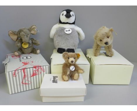 Four small Steiff teddy bears; Elephant, Penguin, Bear and miniature mohair, boxed 
