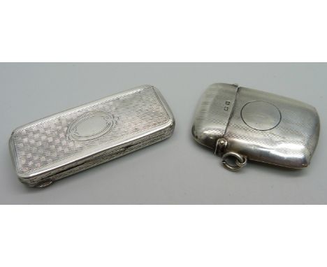 A 19th Century toothpick case with control marks and a silver vesta case, a/f, dented, 35g 