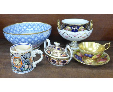 A Spode Copeland's china bowl, Cauldon vase, lacking cover, an Aynsley cabinet cup and saucer, a Royal Crown Derby sucrier, a