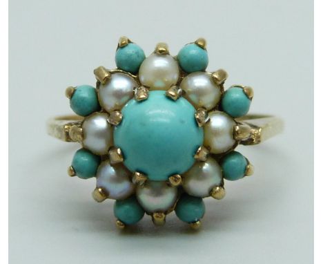 A 9ct gold, turquoise and pearl cluster ring, 2.5g, L 