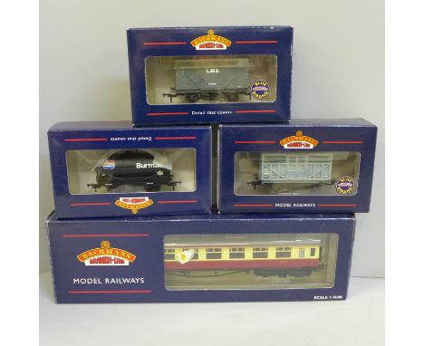 Three Bachmann Branch Line wagons and a coach, boxed 