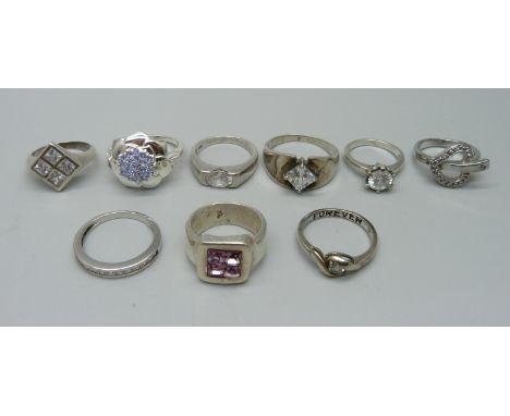 Ten silver and cubic zirconia rings, 41g 