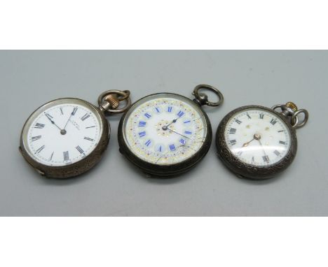 Three silver fob watches, two 0.935, one glass a/f 