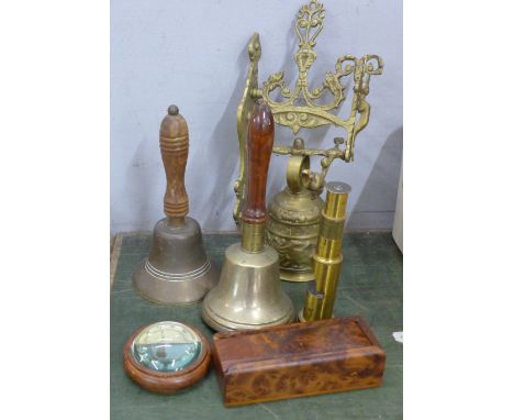 A student's field microscope, three bells, carved walnut dominoes and a compass 