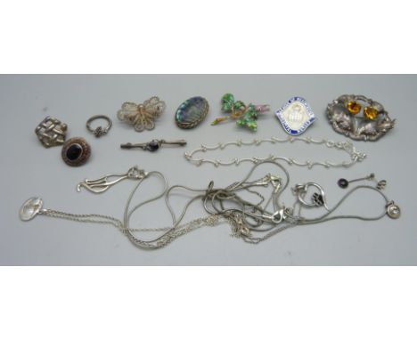 A Scottish silver thistle brooch, a silver and abalone brooch, a small silver and blue john bar brooch, and other silver and 
