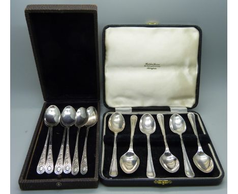 Two sets of six silver spoons, 150g 