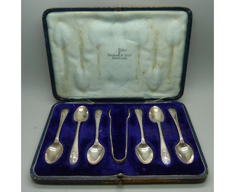 A cased set of six silver spoons and sugar bows, by Walker &amp; Hall, 105g 