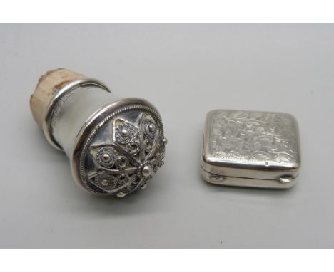 An 830 silver pill box and a sterling silver wine bottle stopper marked made in Israel 