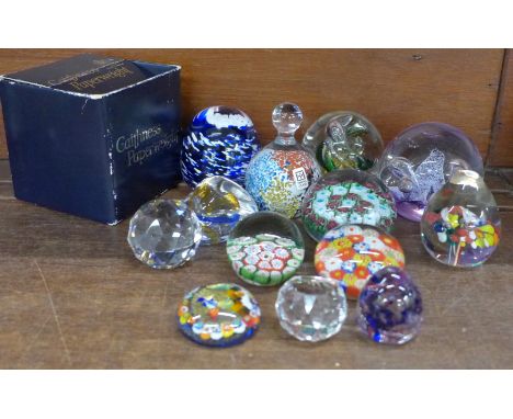 Thirteen glass paperweights including Caithness and Millefiori 