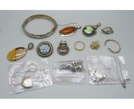 A silver Suarti pendant, a silver and labradorite pendant, a silver and amber pendant, an Italian micro-mosaic brooch, a silv