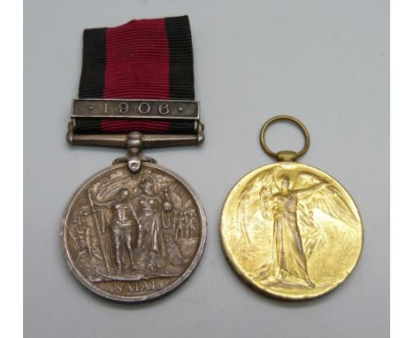 A pair of medals to Sgt. E.M. Waugh; an Edward VII Natal Rebellion Medal, Royston's Horse and WWI Victory medal Ntl Light Hse