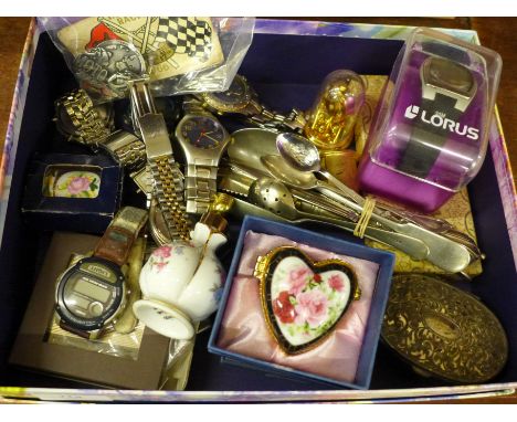 Wristwatches, costume jewellery, trinket pots, motorcycle badges, etc. 