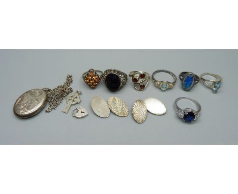 Silver jewellery; a locket, seven rings including one Blue John, cross pendant, small fastener and a pair of cufflinks, (opal