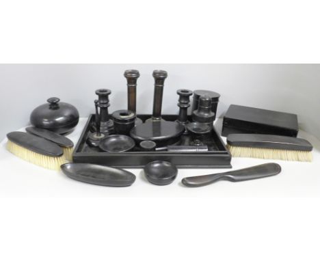 A collection of ebony dressing table set, two with silver decoration **PLEASE NOTE THIS LOT IS NOT ELIGIBLE FOR IN-HOUSE POST