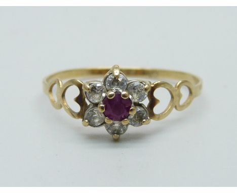 A 9ct gold, ruby and CZ cluster ring, 1.2g, U 